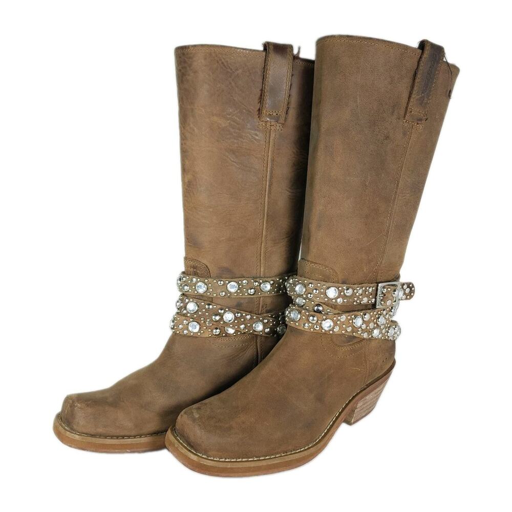 ROCKET DOG Women's US 8,5 Brown Leather Studded Rhinestone Buckle Biker Boots